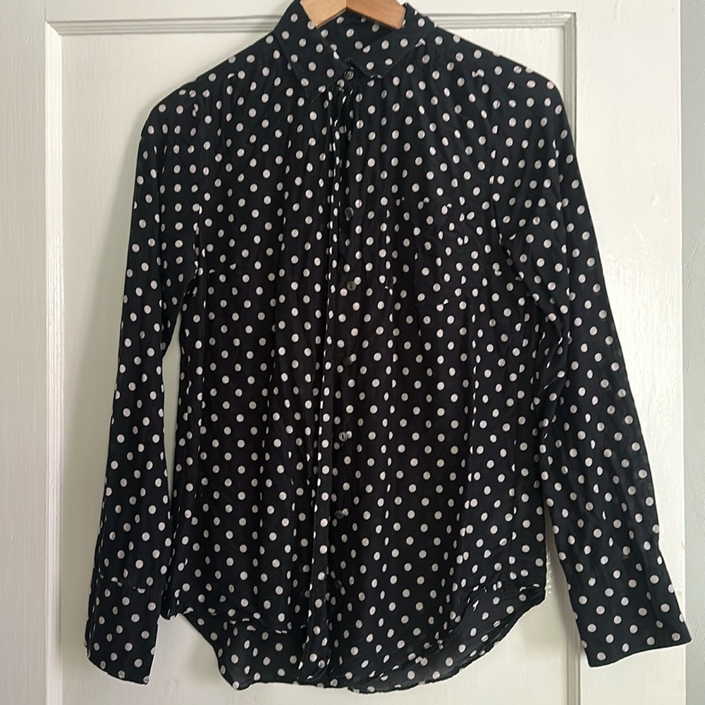 j crew blue and white polka dot long sleeve button down shirt size 2.